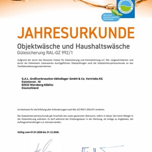  Eine Jahresurkunde des RAL Gütezeichens für Objekt- und Haushaltswäsche, ausgestellt für G.A.L. GmbH & Co. Vertriebs KG.