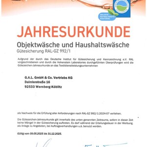  Eine Jahresurkunde des RAL Gütezeichens für Objekt- und Haushaltswäsche, ausgestellt für G.A.L. GmbH & Co. Vertriebs KG.